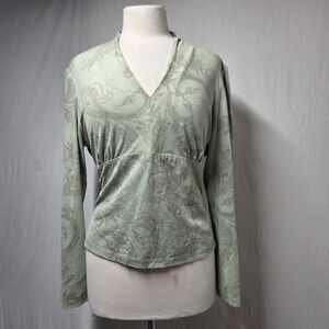 FL MALIK PAISLEY SAGE GREEEN VNECK LONG SLEEVE BLOUSE SIZE XL MADE IN USA
